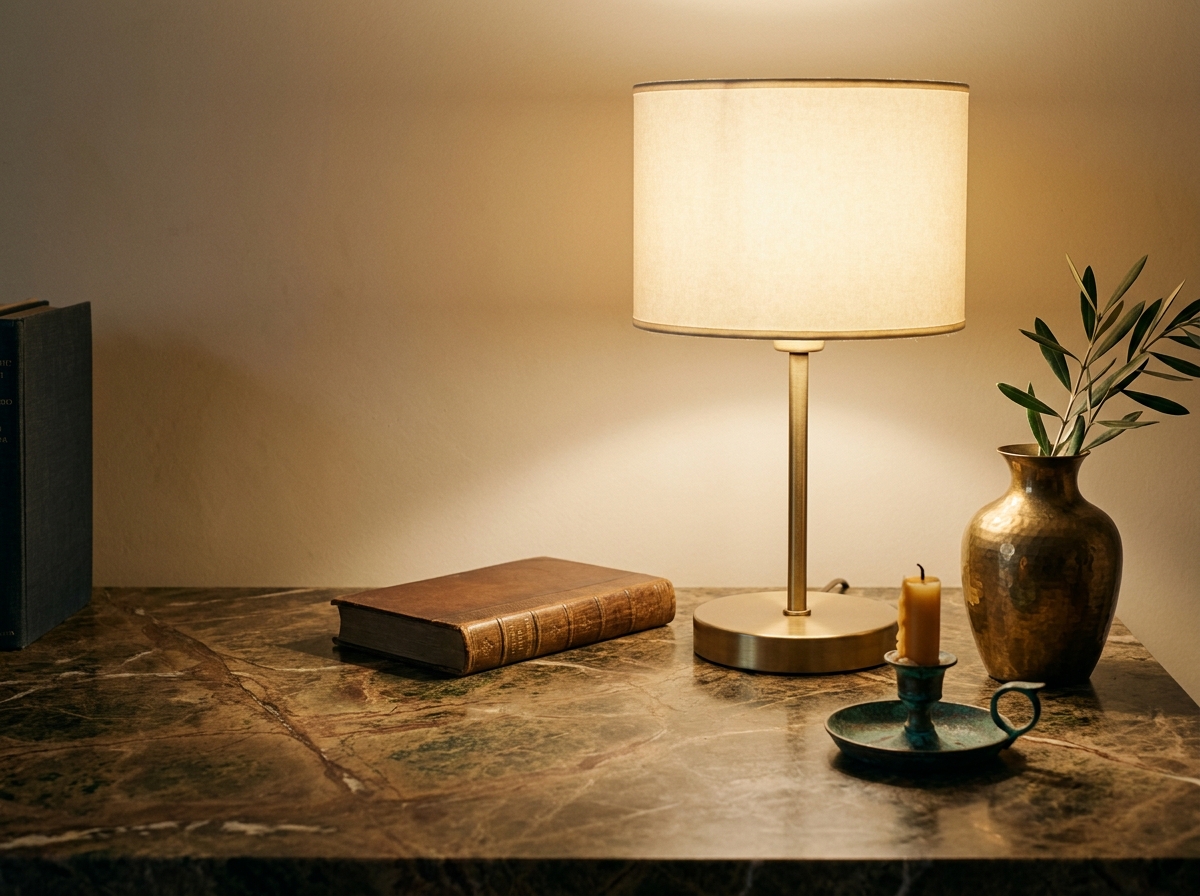 Nature morte intime sur surface marbre veiné brun et vert, lampe à poser en laiton bruni à abat-jour parchemin allumée, vase martelé en laiton tenant un brin d'olivier, livre relié cuir cognac et bougeoir en bronze patiné verdigris sous lumière chaude rasante