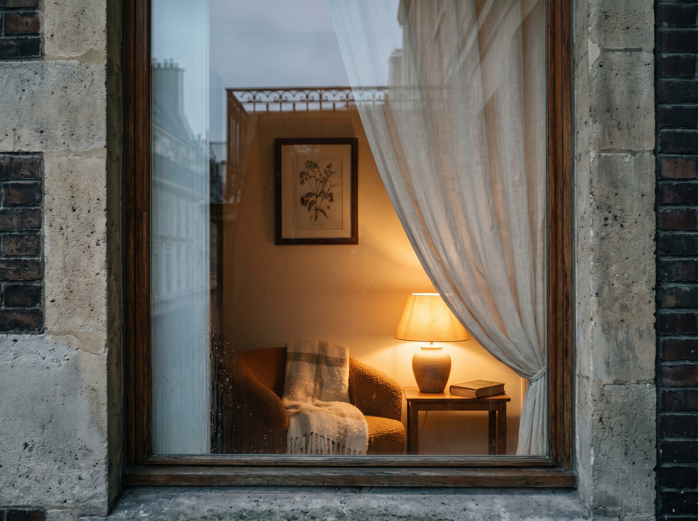 Vue depuis la rue d'une fenetre haussmannienne a la tombee du jour, derriere le voilage en lin ecru et la vitre legerement embuee on apercoit l'interieur chaud du salon, fauteuil en boucle caramel avec plaid ecru drape, lampe en ceramique terre cuite allumee diffusant un halo dore, cadre botanique au mur, façade en pierre claire froide qui encadre la fenetre