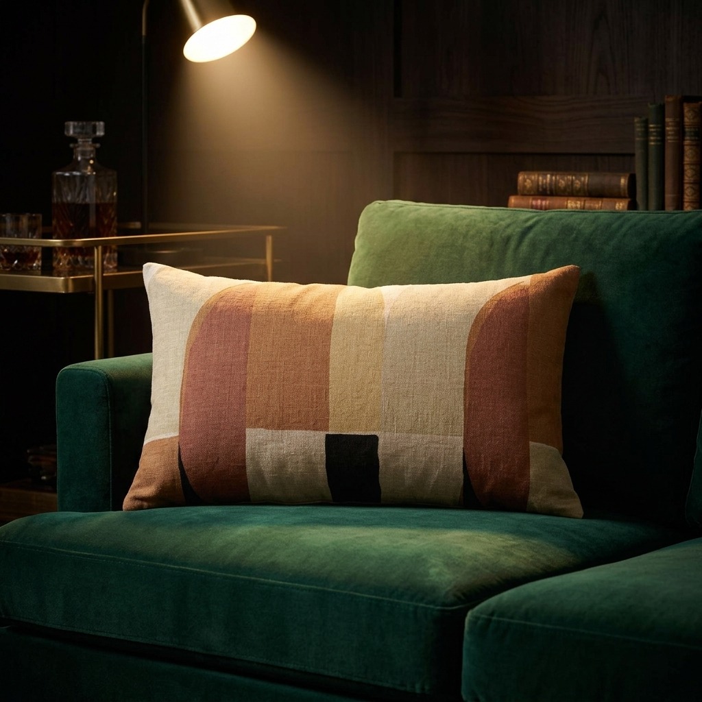 Coussin en lin imprimé d'arches aux tons terre posé sur canapé clair, salon design danois, chaise iconique scandi et tapis bouclé crème