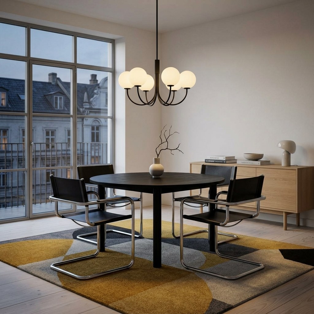 Lustre six globes opalin noir mat au-dessus d'une table ronde foncée, chaises cantilever cuir et tapis géométrique