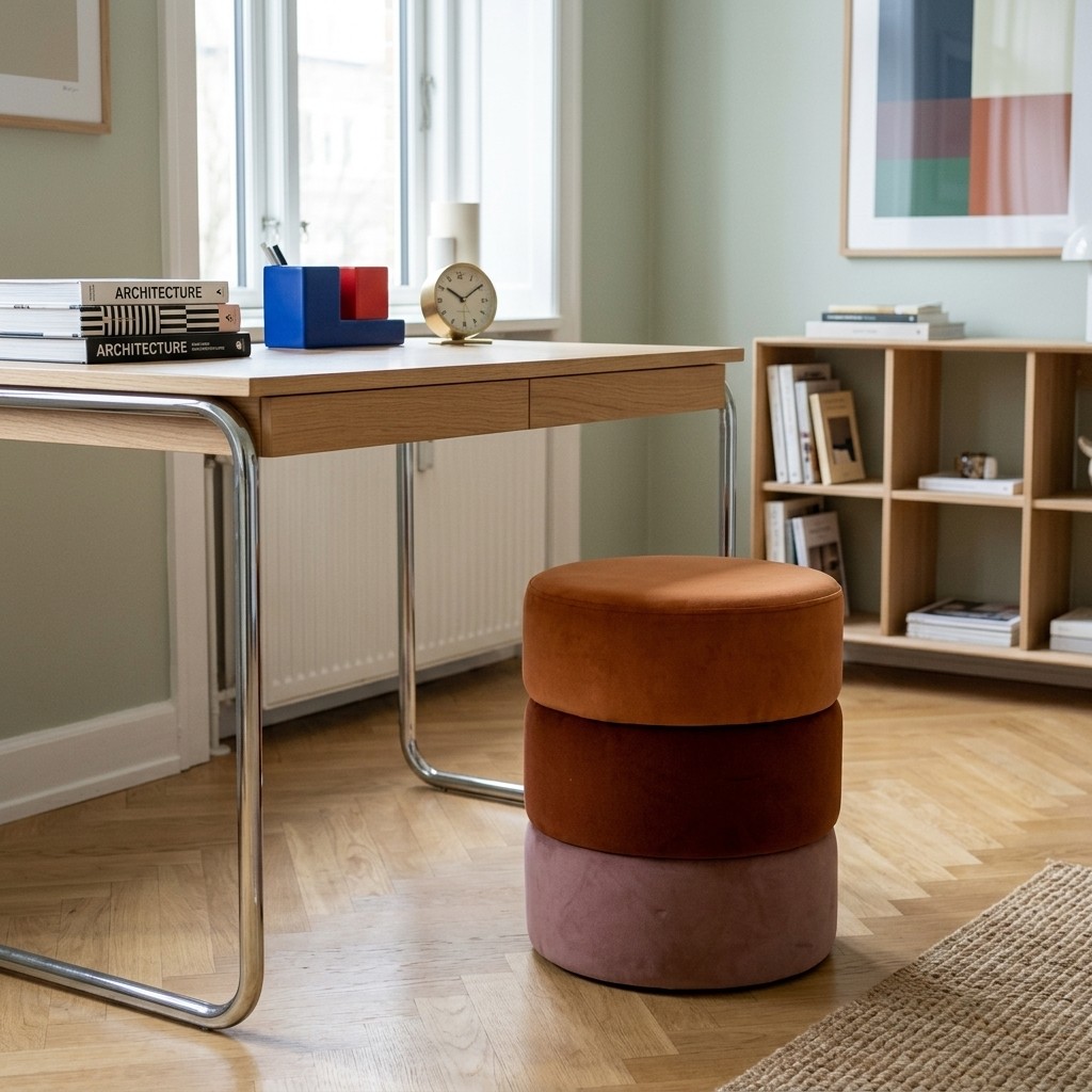 Pouf velours orange, brun-auburn et rose poudré près d'un bureau tubulaire chromé Bauhaus, au mur vert sauge.