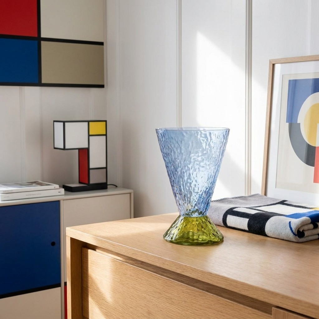 Vase en verre texturé bleu au pied vert olive sur un buffet en bois clair, compositions géométriques colorées au mur