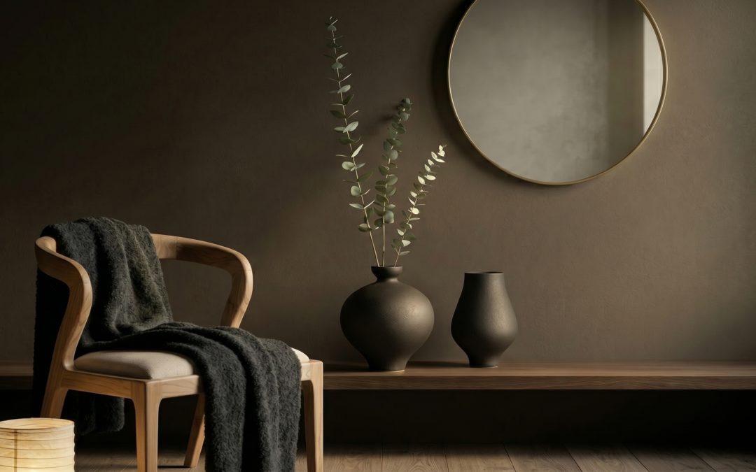 Duo de vases Zian en céramique noire mate avec branches d'eucalyptus, console murale en noyer, miroir rond doré, chaise Febeda en teck massif avec plaid laineux gris drapé, lampe papier de riz au sol, mur enduit brun foncé chaud