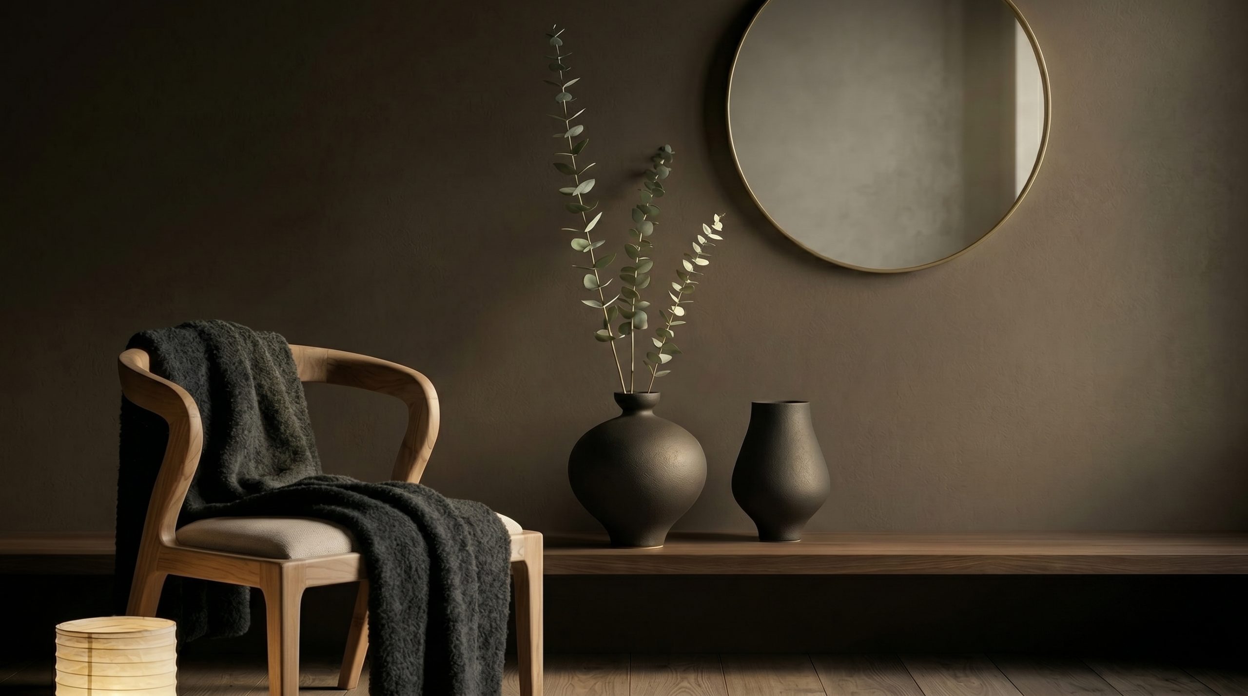 Duo de vases Zian en céramique noire mate avec branches d'eucalyptus, console murale en noyer, miroir rond doré, chaise Febeda en teck massif avec plaid laineux gris drapé, lampe papier de riz au sol, mur enduit brun foncé chaud
