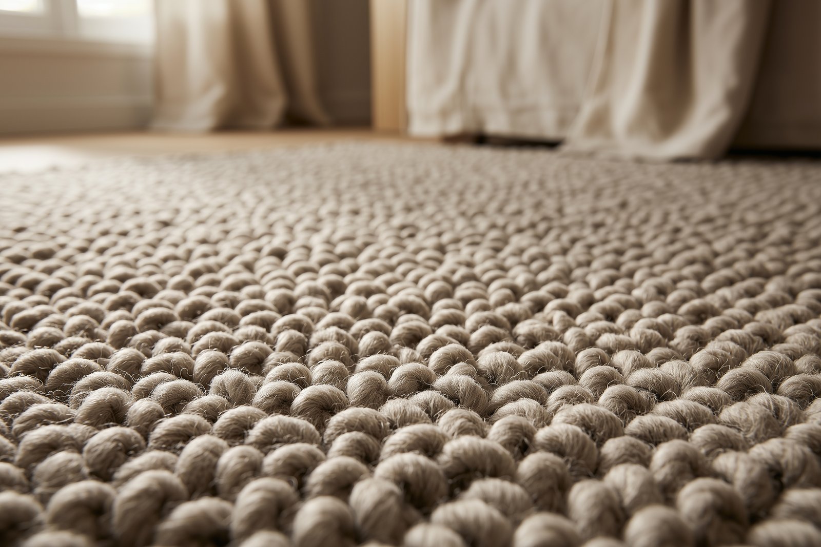 Boucles de laine grège d'un tapis bouclette en très gros plan, sculptées par une lumière rasante, rideaux de lin flous en arrière-plan