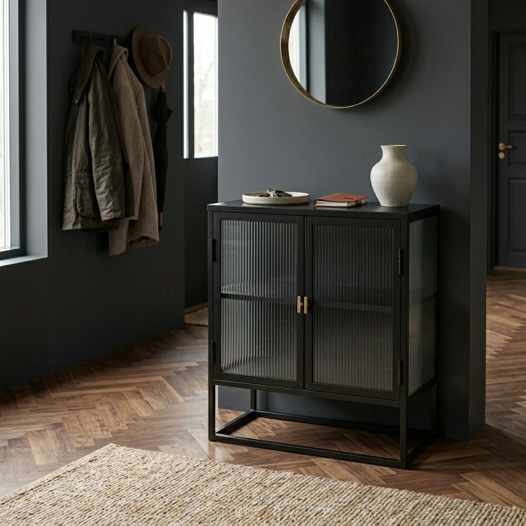 Buffet vitrine noir en acier et verre nervuré, poignées dorées, entrée aux murs sombres, parquet en chevrons et miroir rond