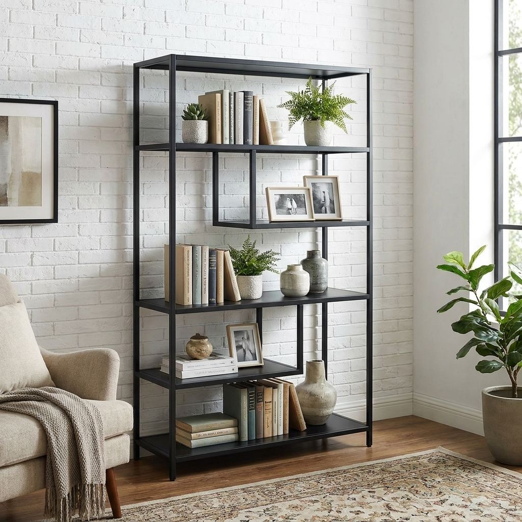 Étagère métal noir mat dans un salon à mur briques peintes, garnie de livres et vases, près d'un fauteuil bouclé écru.