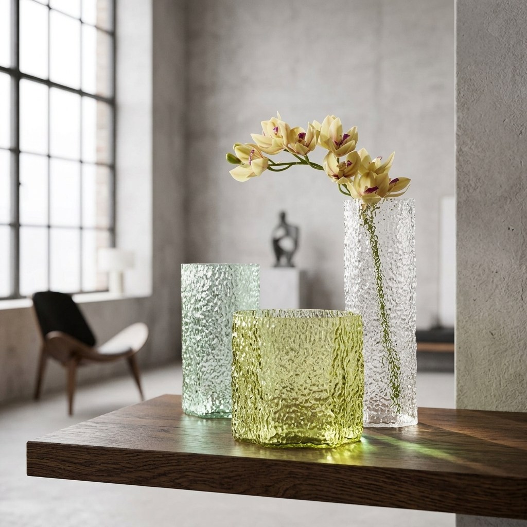 Trois vases en verre texturé transparent, vert pâle et olive, sur une tablette en bois foncé, mur de béton brut