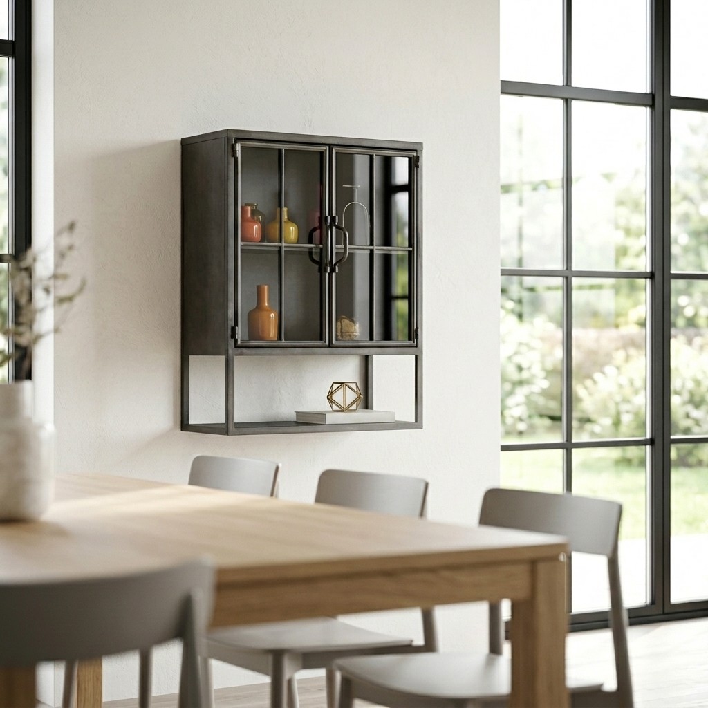 Vitrine murale en fer noir à portes vitrées et croisillons, mur clair près de fenêtres en métal et table en bois clair