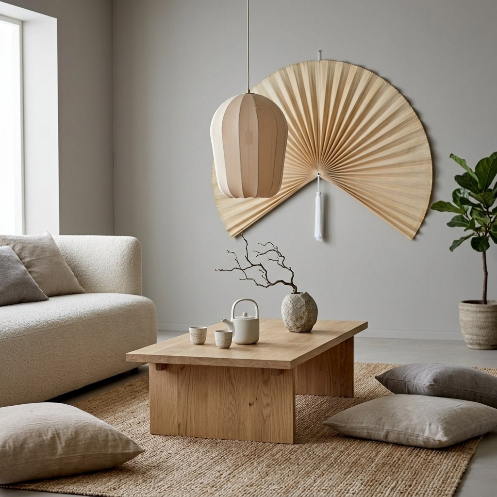 Suspension en tissu beige tricoté au-dessus d'une table basse en bois clair, canapé bouclé écru et tapis en jute