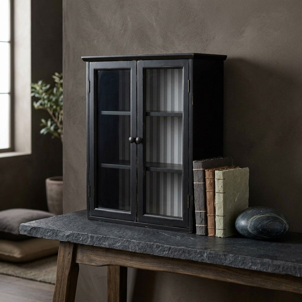 Vitrine en pin teinté noir patiné mat à façade vitrée posée sur une table en pierre brute, livres reliés et galet sombre