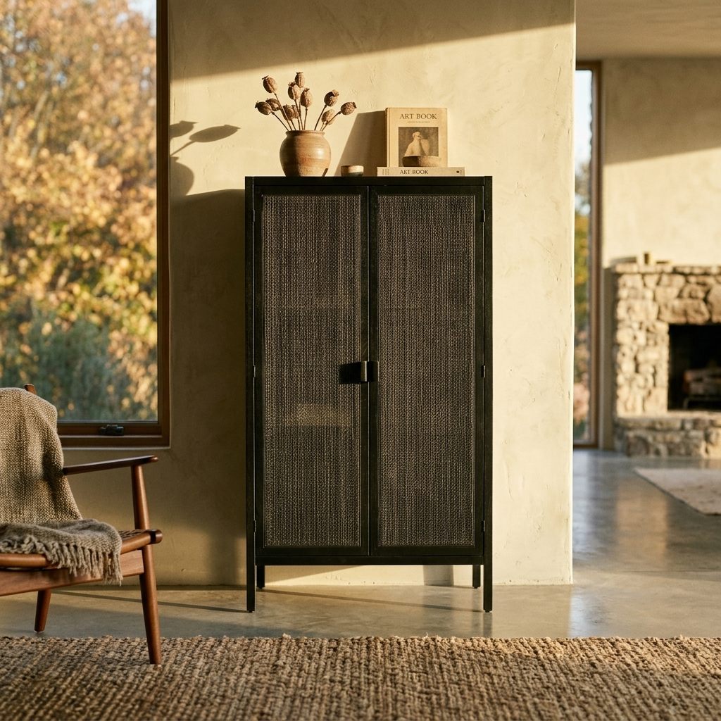 Armoire haute noire à portes cannage sombre, salon enduit beige, fauteuil bois et cheminée pierre sous une lumière dorée.