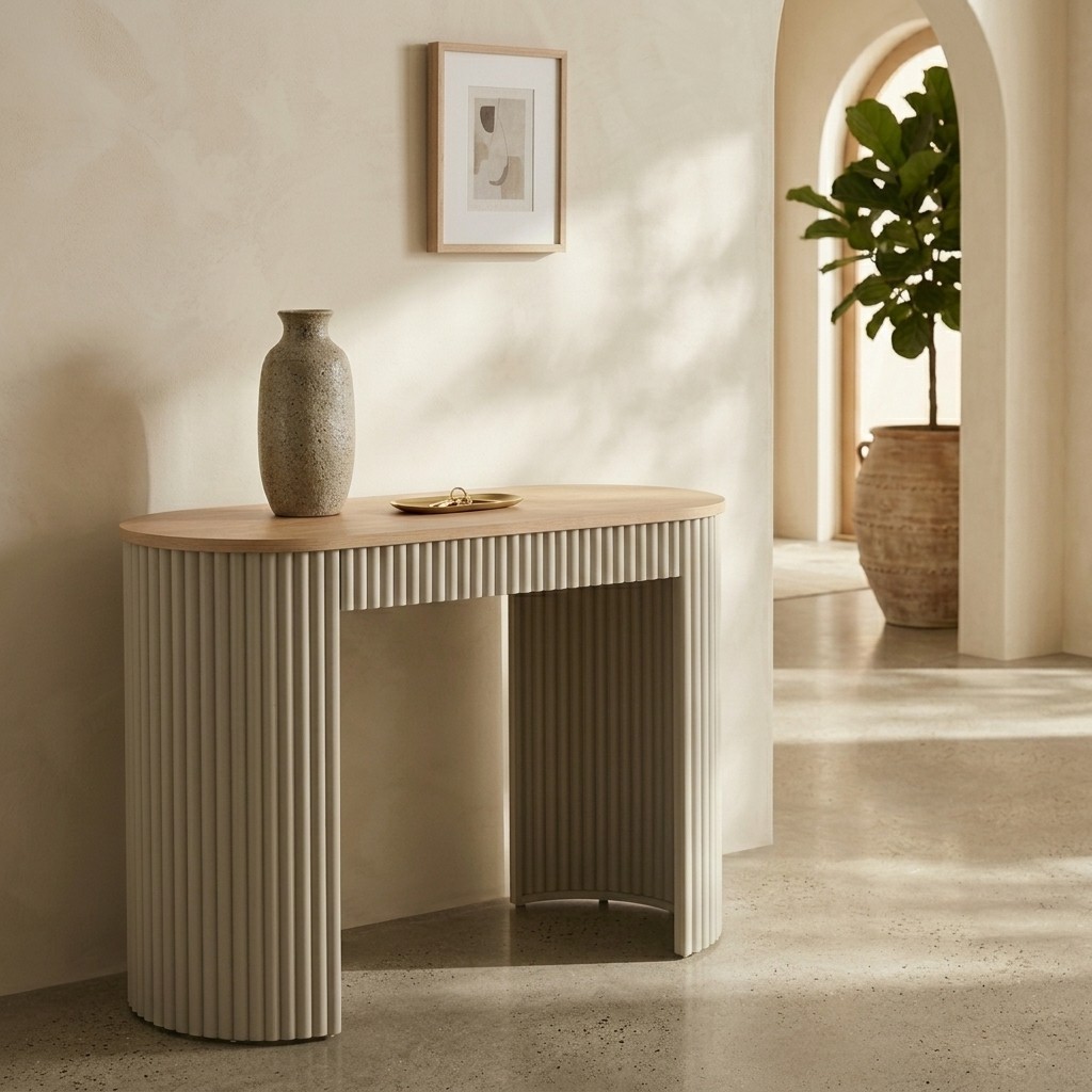 Console ovale cannelée gris sablé à plateau bois clair, hall à enduit clair, grande plante en pot et arches blanches en fond