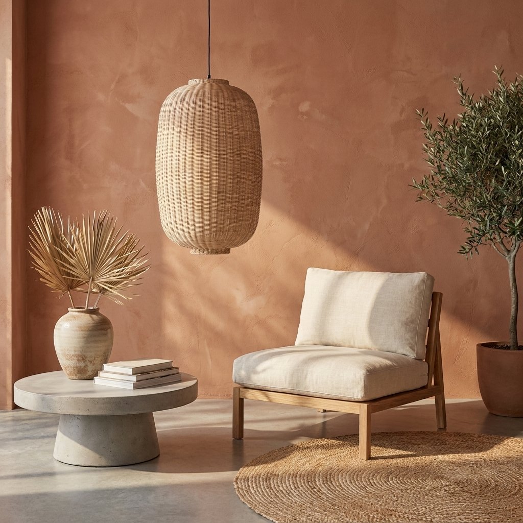 Suspension ovale en rotin tressé naturel dans un salon aux murs terracotta, fauteuil en bois clair et tapis rond en jute