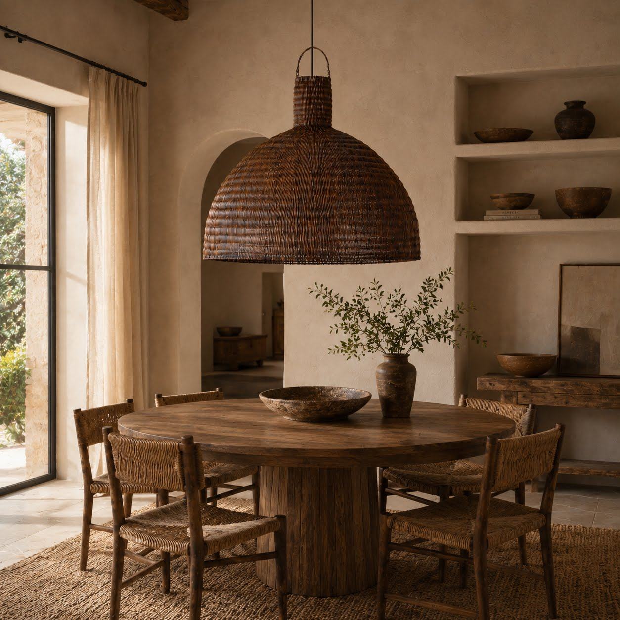 Suspension rotin tressé noyer foncé au-dessus d'une table ronde rustique, niches arquées et poteries terreuses, tapis jute