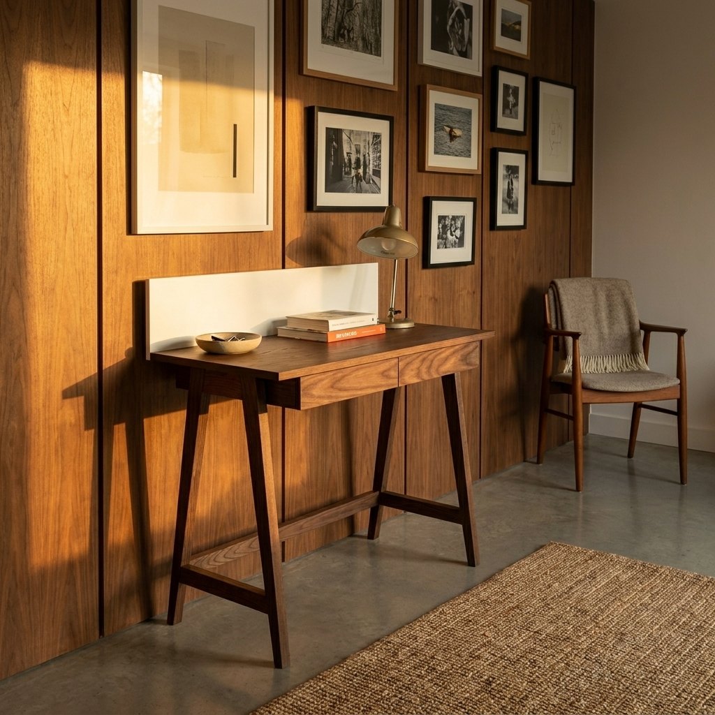 Bureau bois noyer à écran blanc et pieds compas, devant un mur en lambris bois, lampe en laiton et fauteuil en bois