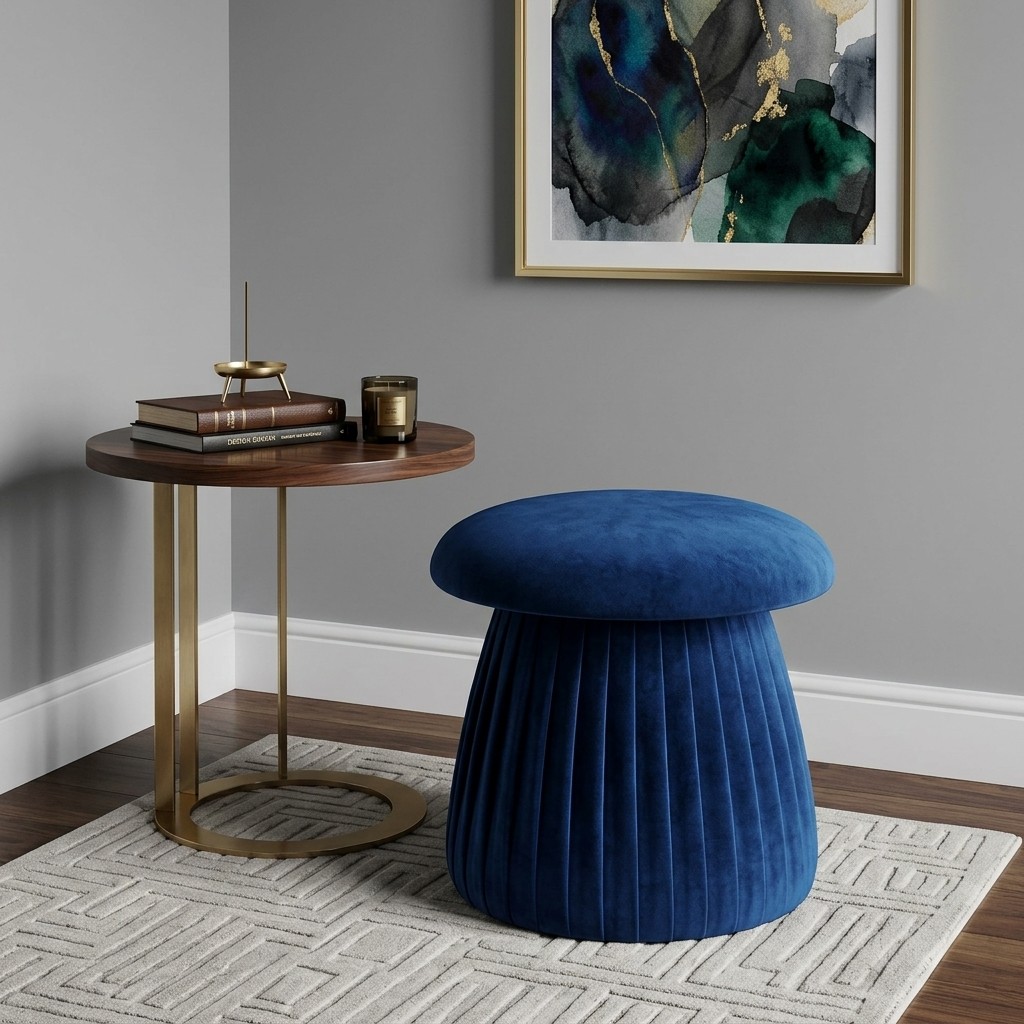 Pouf champignon en velours bleu profond posé sur un tapis géométrique près d'une table d'appoint en noyer mid-century