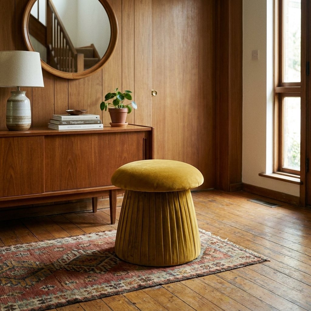 Pouf champignon en velours moutarde sur un tapis à motifs, salon mid-century aux boiseries chaudes et buffet en bois