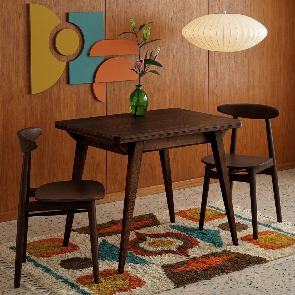 Table à manger en bois noyer et deux chaises en bois, mur en lambris bois, suspension boule en papier et tapis à motif