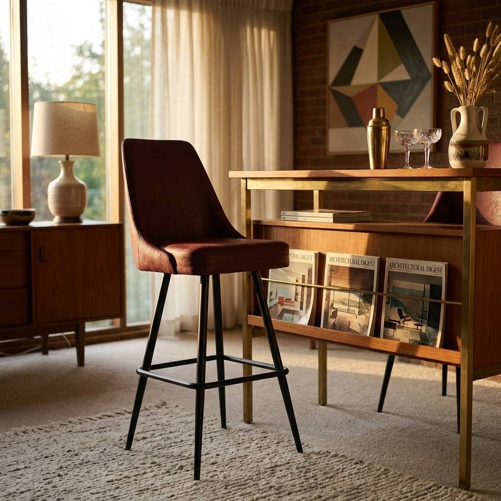 Tabouret de bar simili-cuir bordeaux et pieds aiguille noirs dans un salon mid-century, mur brique et console teck