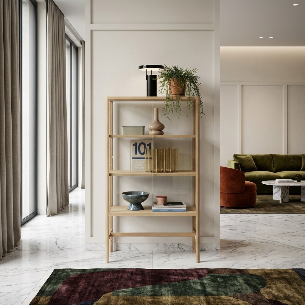 Vitrine chêne et verre coulissante sur sol marbre, canapé velours olive et table basse pierre claire en arrière-plan