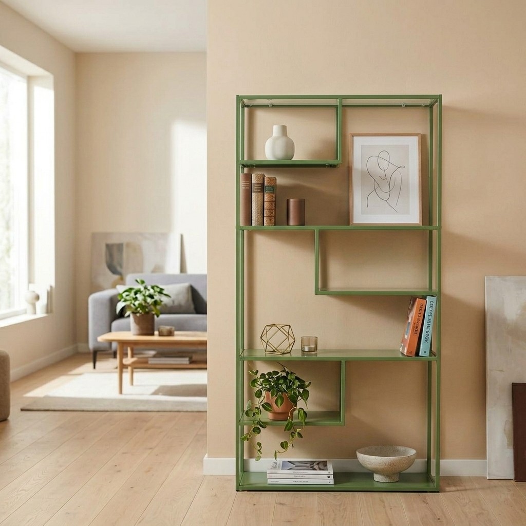 Étagère en acier laqué vert sauge contre un mur beige, salon aux tons chauds avec canapé gris et parquet de chêne clair
