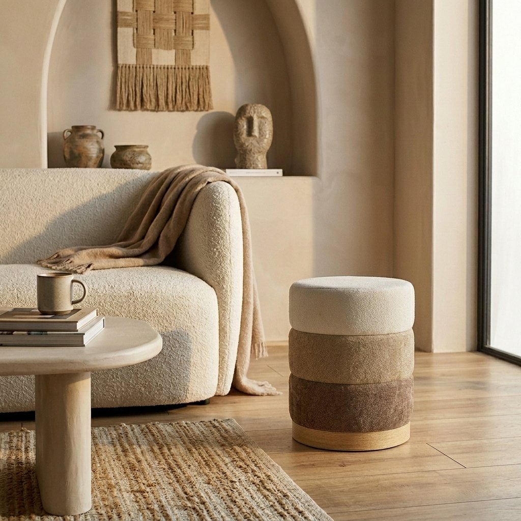 Pouf bouclé écru, brun et brun foncé sur socle bois clair, dans un salon aux arches enduites et au canapé bouclé crème.