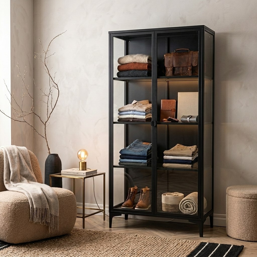 Vitrine acier noir dans un salon clair, fauteuil bouclé écru et plaid à franges, vase de branches séchées sur tapis fibres.
