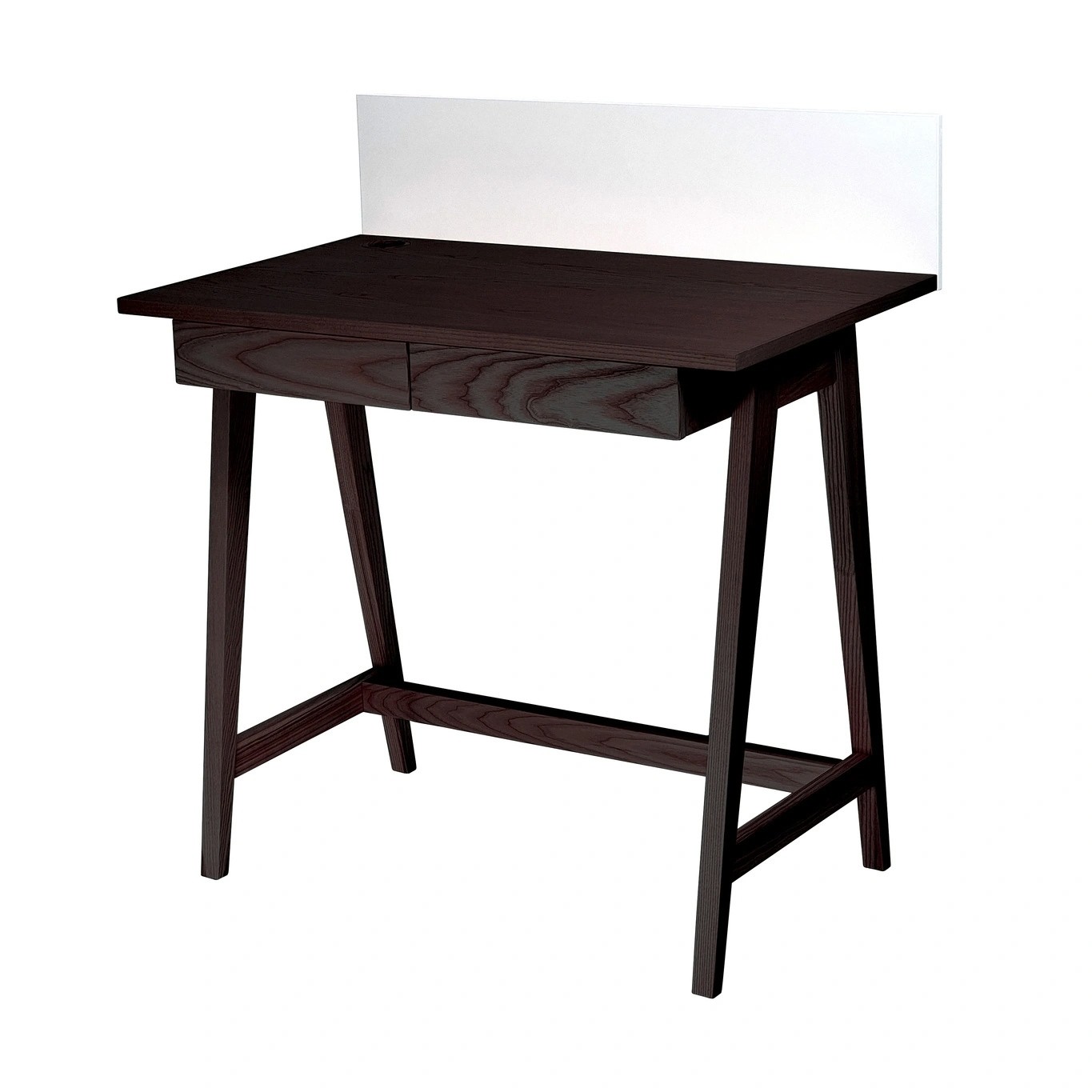 Bureau en frêne teinté noyer vu de trois-quarts, écran blanc, deux tiroirs sans poignée et pieds compas, fond blanc neutre