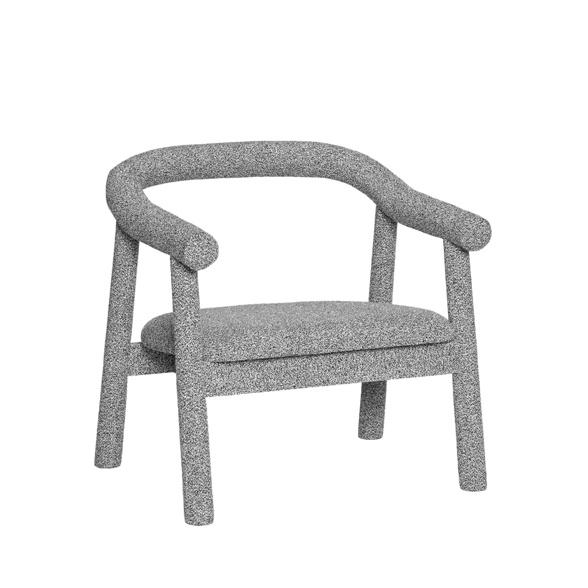 Fauteuil lounge gris clair chiné, vue packshot, tissu mélange moucheté anthracite et coque enveloppante, fond blanc