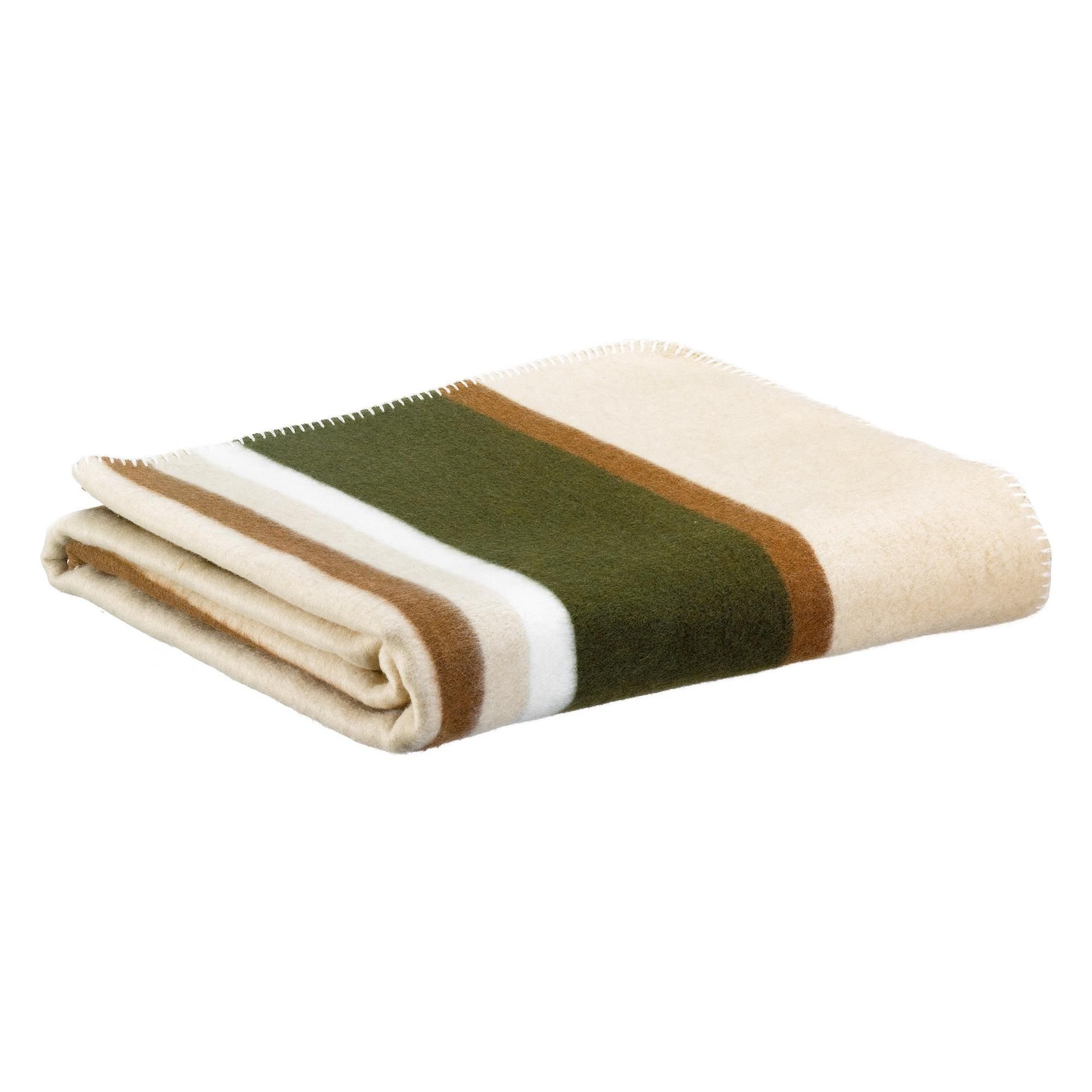 Plaid en laine plié sur fond blanc, large fond écru et bandes vert olive, caramel et blanc, bord en point de feston