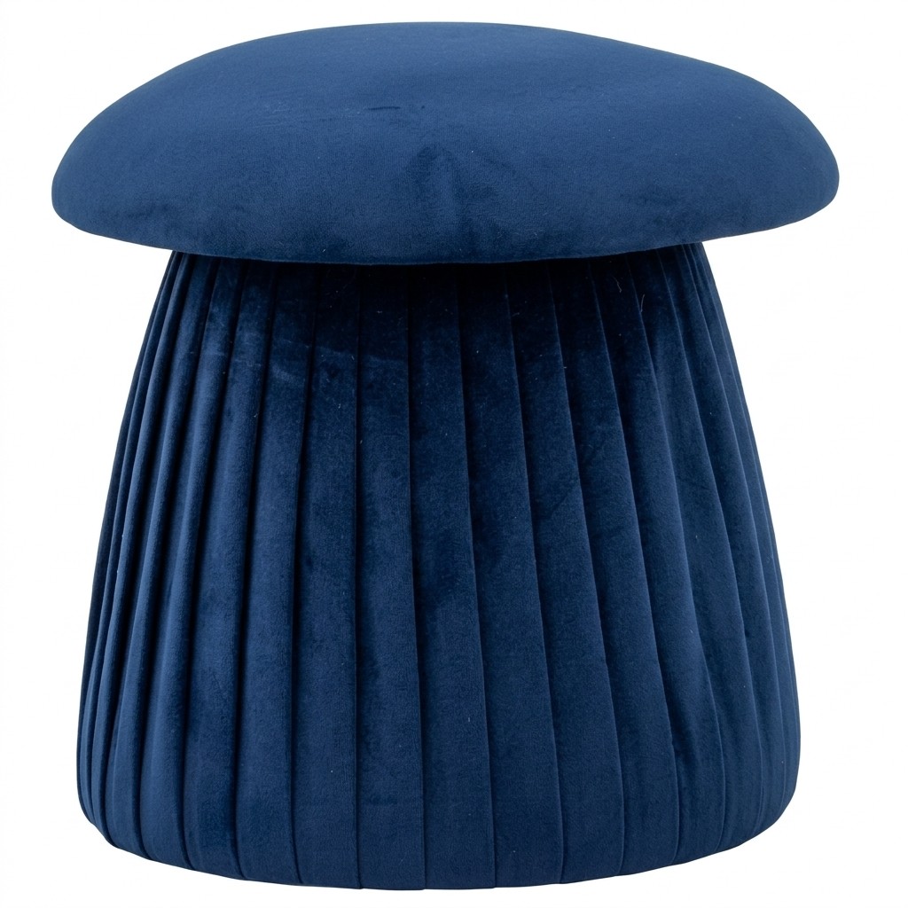 Pouf champignon en velours bleu profond, chapeau hémisphérique sur base cannelée à plis verticaux, vue de face fond neutre