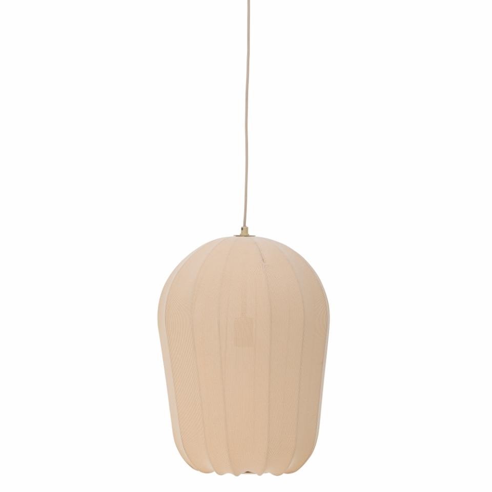 Suspension en tissu beige tricoté, abat-jour ovoïde aux côtes verticales et cordon textile, sur fond neutre
