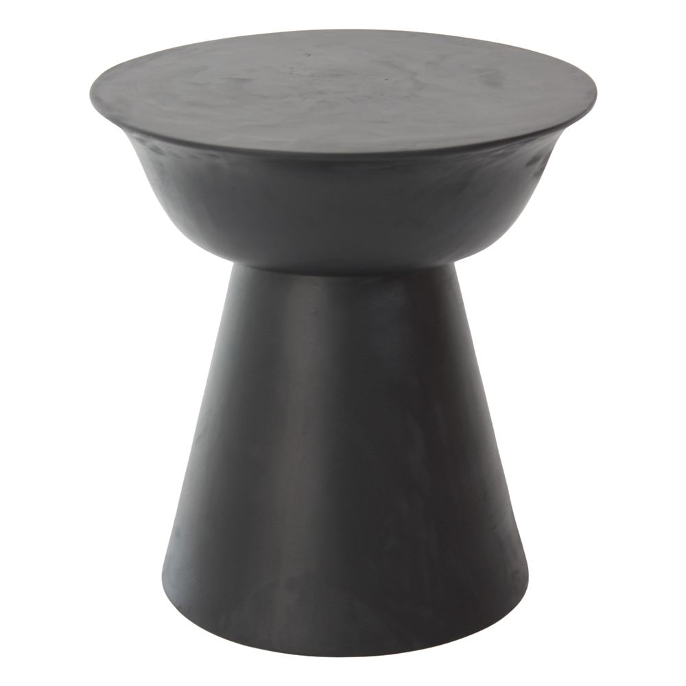 Table d'appoint en suar massif noir mat, vue de face, galbe en champignon, finition mate uniforme, fond blanc