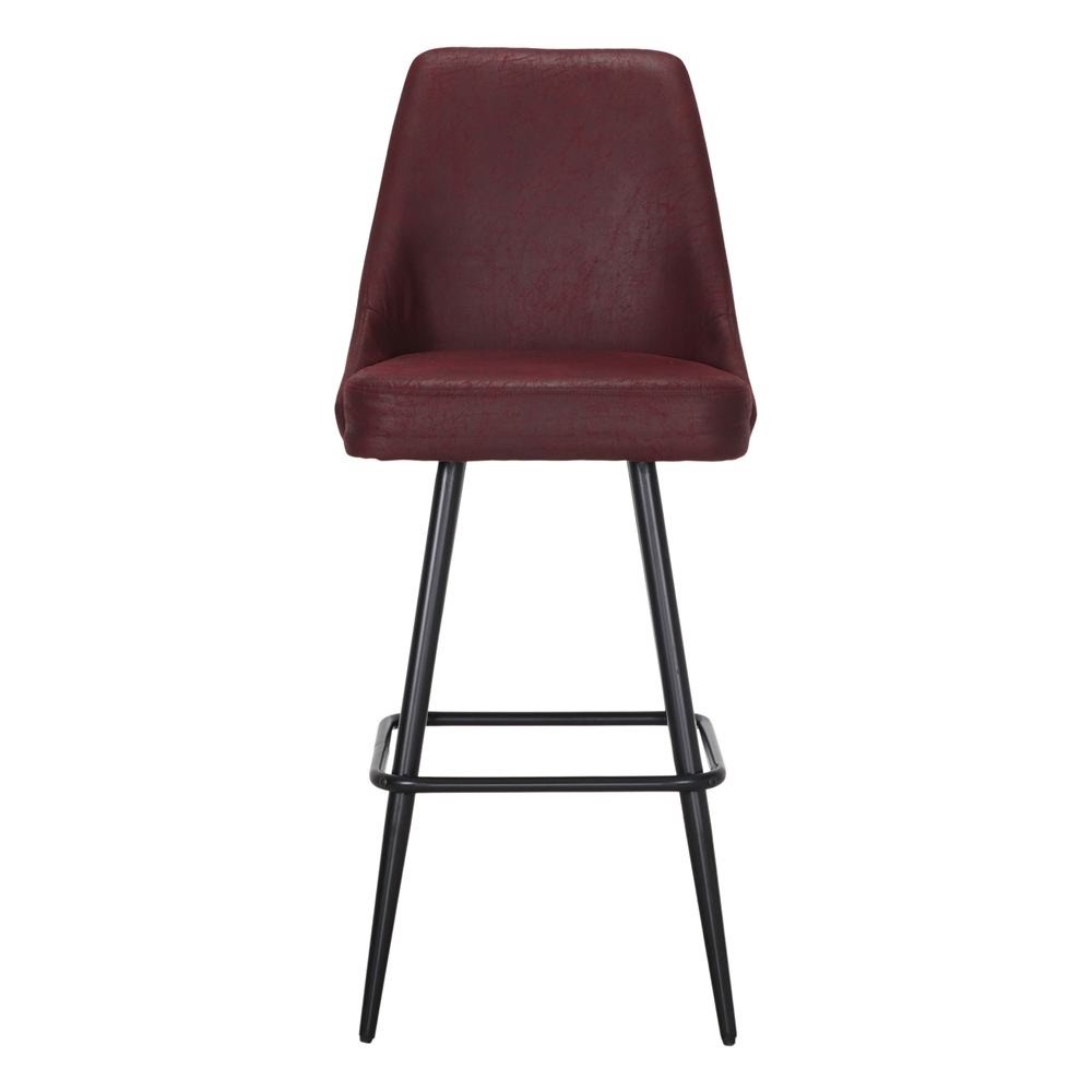 Tabouret de bar à coque simili-cuir bordeaux et fins pieds aiguille en acier noir mat, vue de face, repose-pieds en U