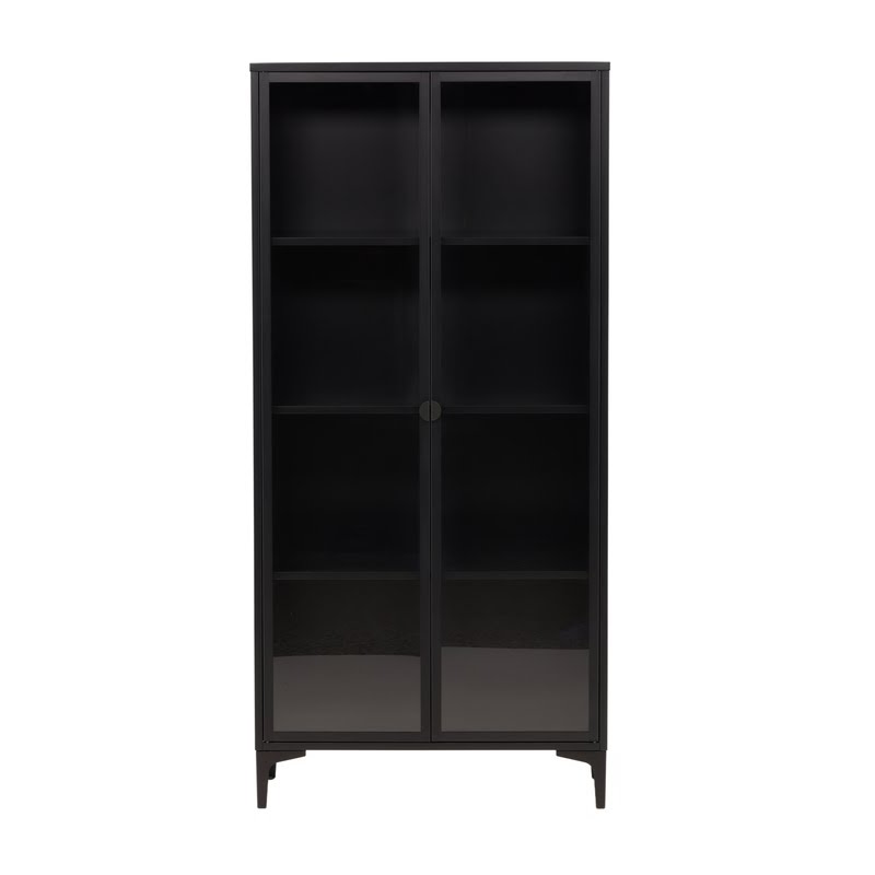 Vitrine en acier laqué noir mat 190 cm, deux portes en verre fumé, trois tablettes et pieds fuselés évasés, vue de face.
