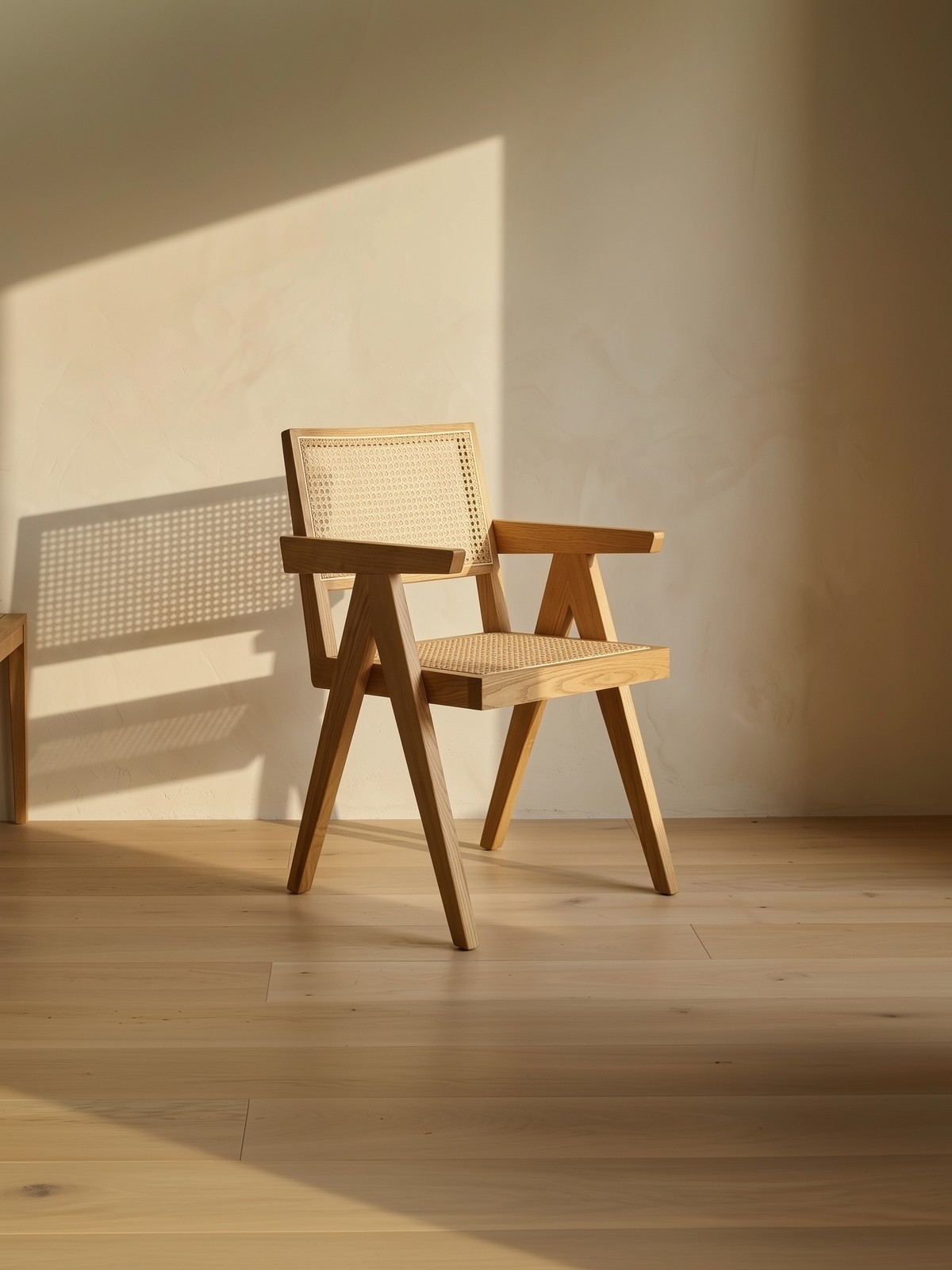 Portrait matière dun fauteuil canné de filiation Chandigarh, piètement compas en frêne naturel huilé et cannage Vienne fin traversé par la lumière oblique chaude qui projette son motif en ombres sur le mur de plâtre crème