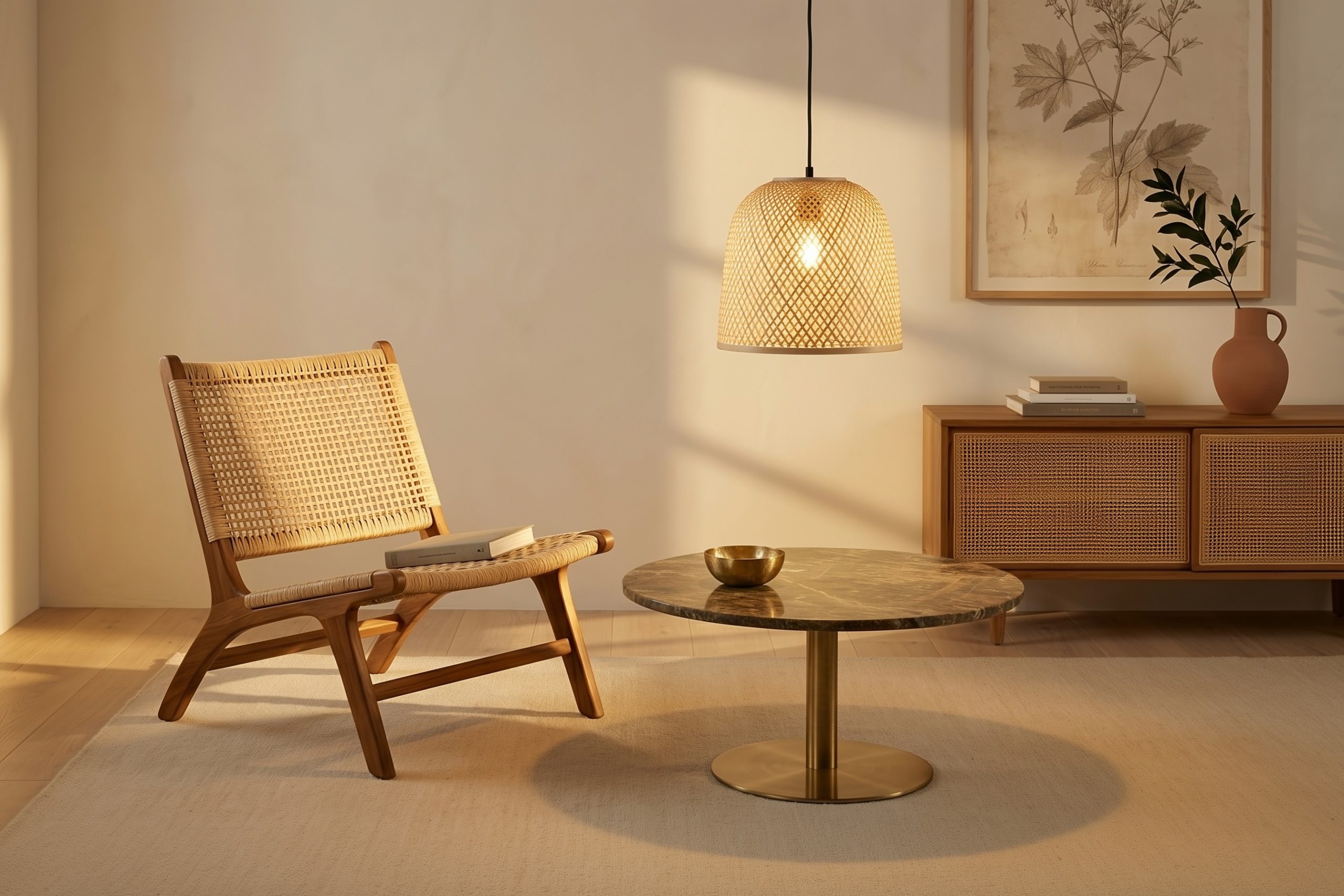Salon organique en fin d'après-midi doré, fauteuil lounge en teck huilé et cannage tressé main, table basse ronde à plateau marbre veiné brun-vert sur piètement laiton bruni, suspension en cannage allumée projetant ses ombres tressées, buffet bas à façade cannage et vase terre cuite sous lumière oblique chaude, grande planche botanique encadrée au mur