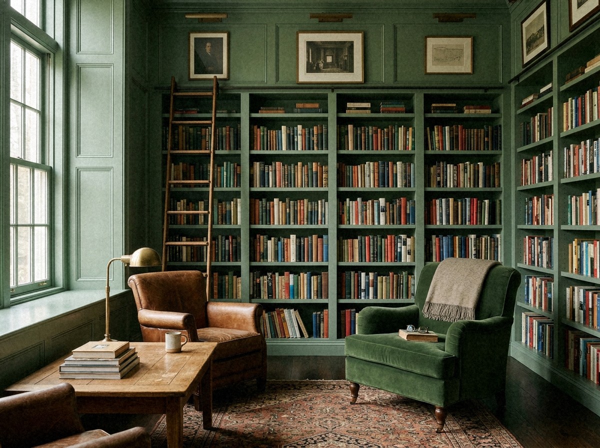 Bibliothèque vert sauge du sol au plafond, rayonnages et boiseries peints, fauteuils en cuir cognac, échelle de meunier et lampe en laiton, tapis ancien