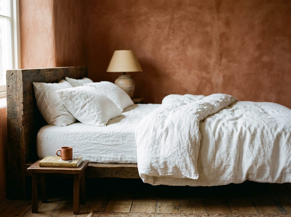 Chambre terracotta et bois, lit en lin lavé contre un mur d'argile