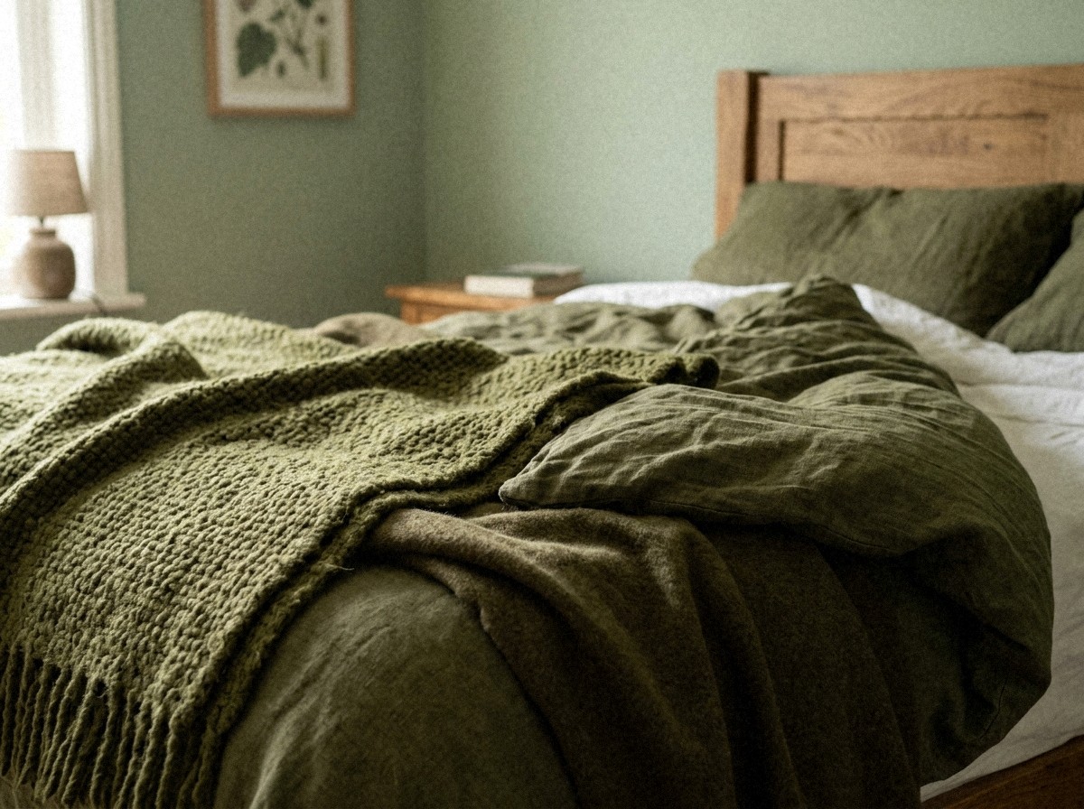 Chambre aux textiles vert olive, lit en lin lavé froissé et défait, plaid en grosse maille et tête de lit en chêne massif, mur sauge doux