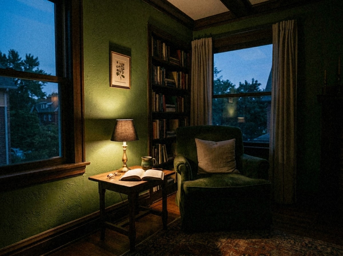 Coin lecture au crépuscule aux murs enduits vert mousse, fauteuil en velours vert, lampe allumée sur une table de bois et livre resté ouvert