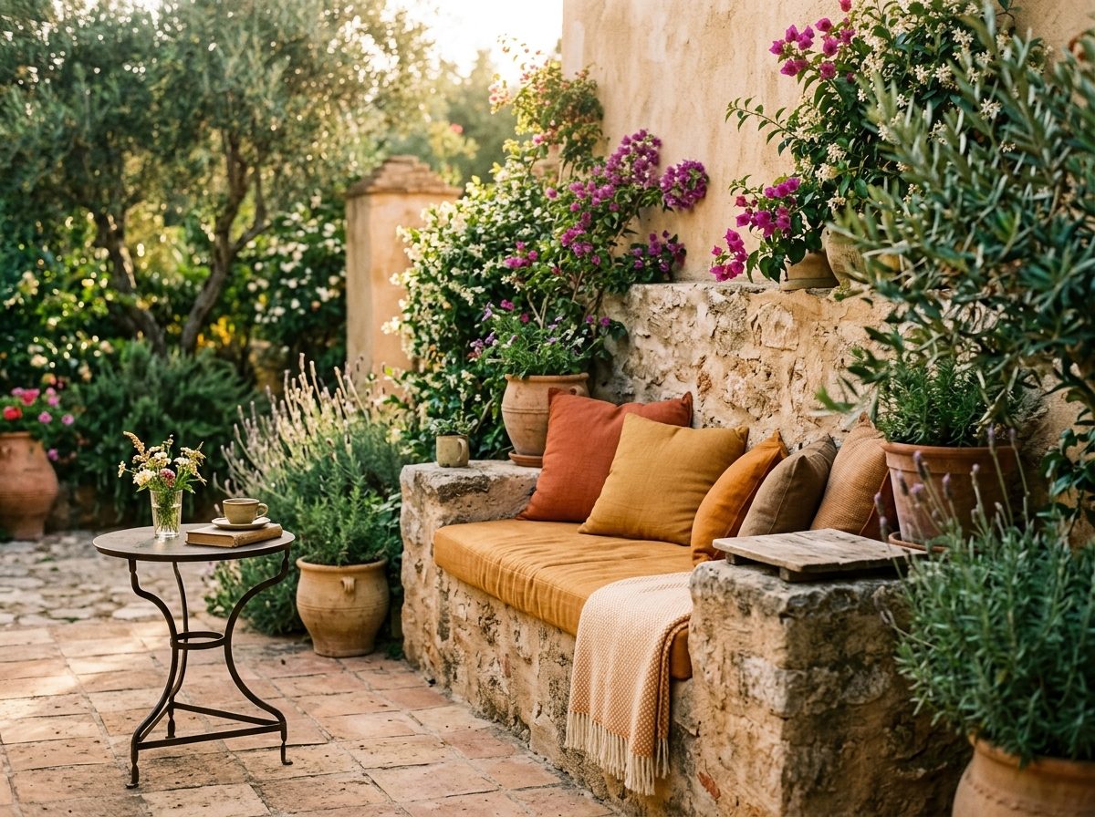 Déco terracotta en extérieur, banc maçonné et coussins ocre dans un patio méditerranéen