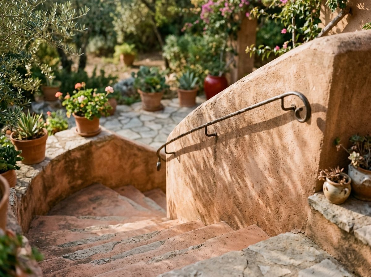Escalier d'une maison méditerranéenne en terracotta, marches d'argile bordées de plantes