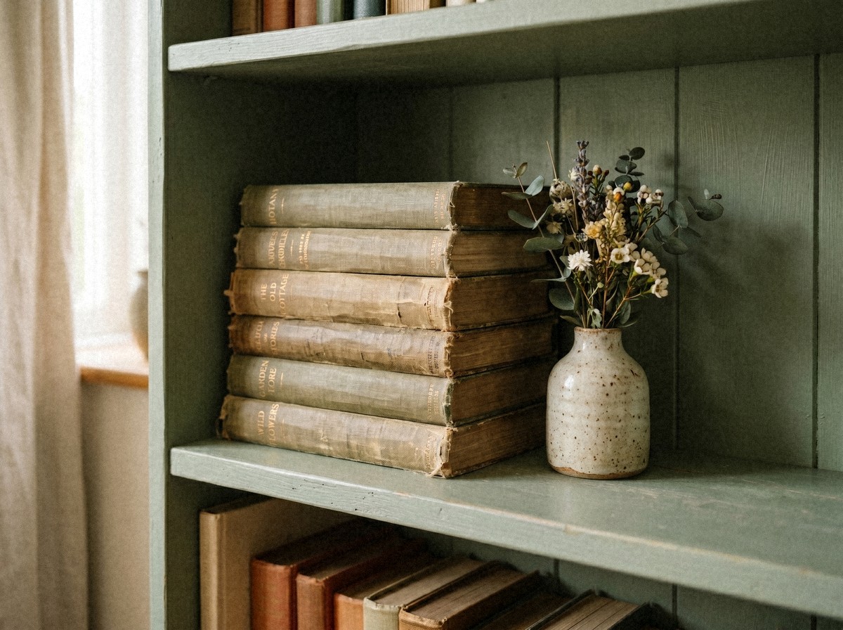 Étagère peinte en vert sauge, pile de livres anciens aux reliures de toile fanée et vase en grès moucheté