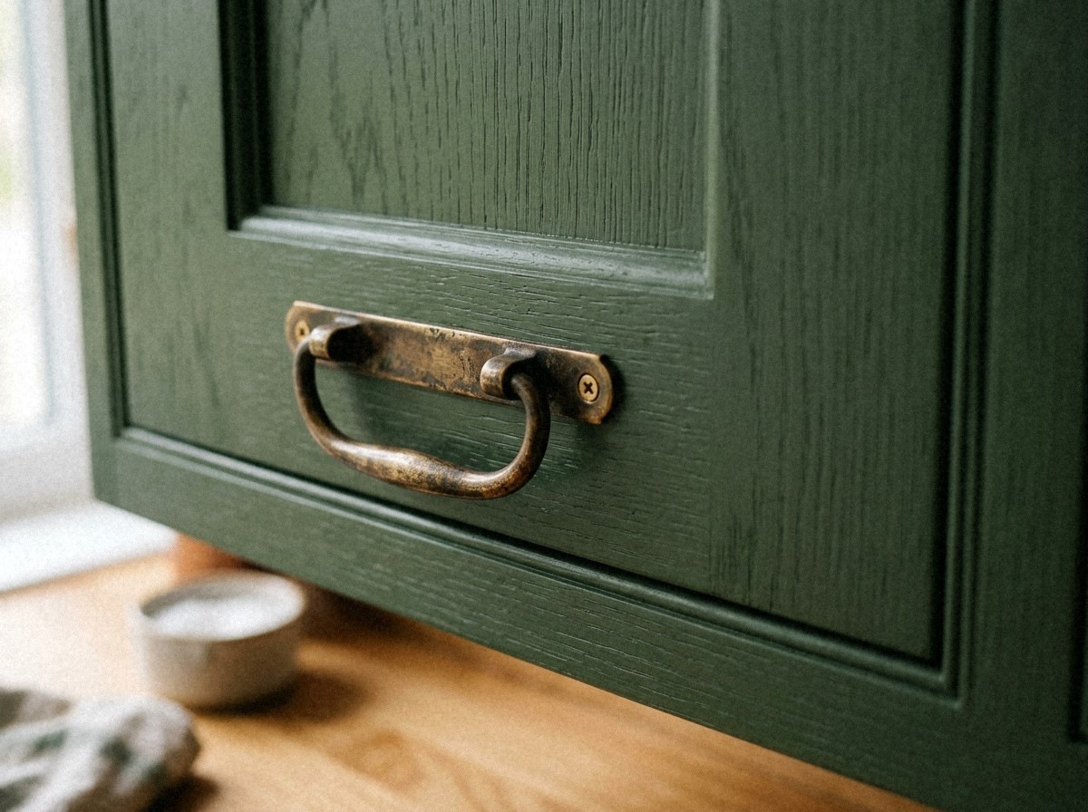 Détail d'un meuble peint en vert profond au grain de bois visible, poignée en laiton patiné