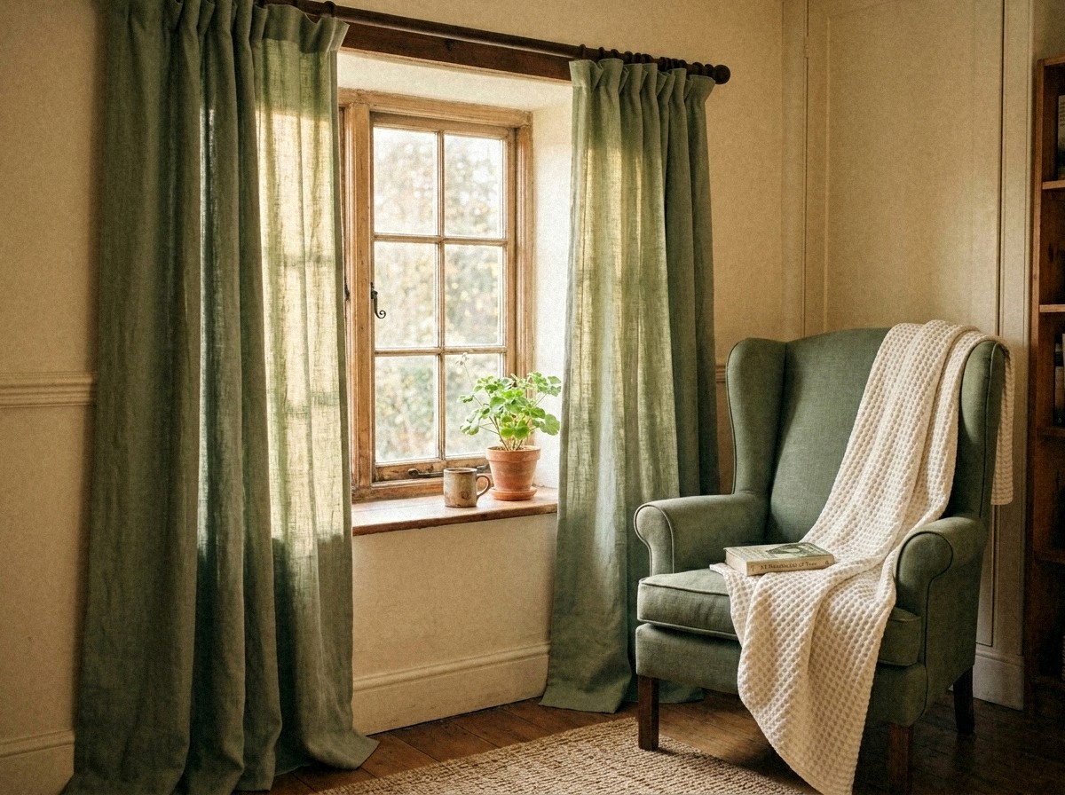Rideaux en lin lavé vert sauge traversés par la lumière du matin, fauteuil à oreilles assorti avec plaid clair et pot de terre cuite sur l'appui de fenêtre