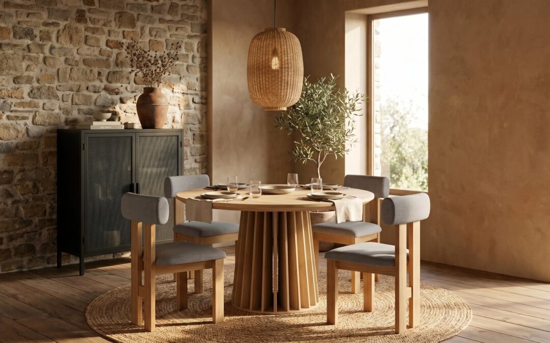 Salle à manger organique : table ronde en chêne, chaises naturelles, suspension en rotin, buffet noir, vase terracotta, mur de pierre.