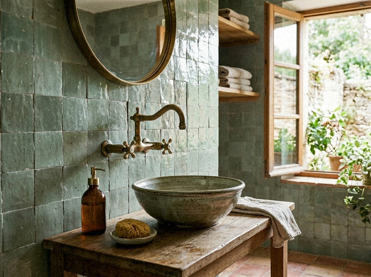 Salle de bain en zellige vert-de-gris aux glaçures irrégulières, robinetterie murale en laiton vieilli, vasque en grès tourné sur table de bois brut