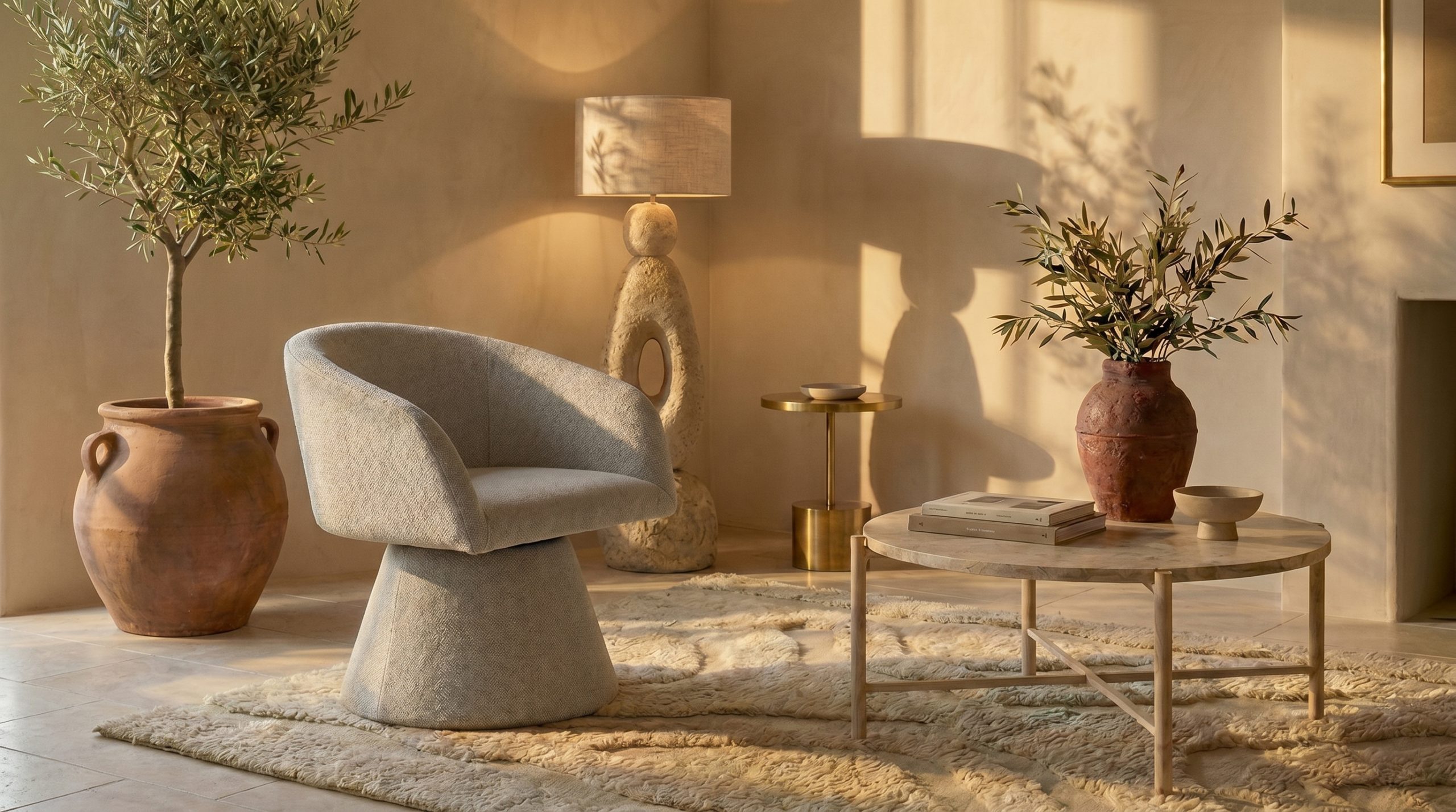 Un salon organique méditerranéen, crème et terracotta